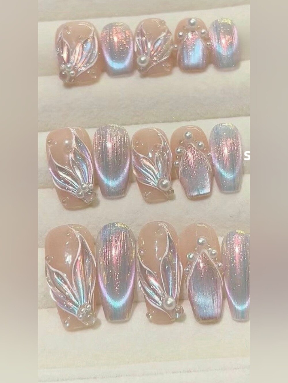Holographic Pink Iridescent Press-On Nail Set with Pearl Accents